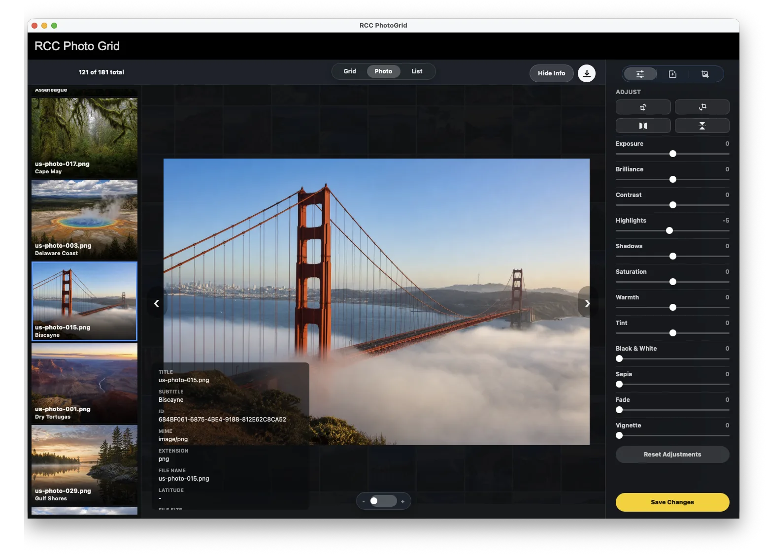 RCCPhotoGrid built-in photo editor with adjustment controls and Save Changes back to FileMaker.
