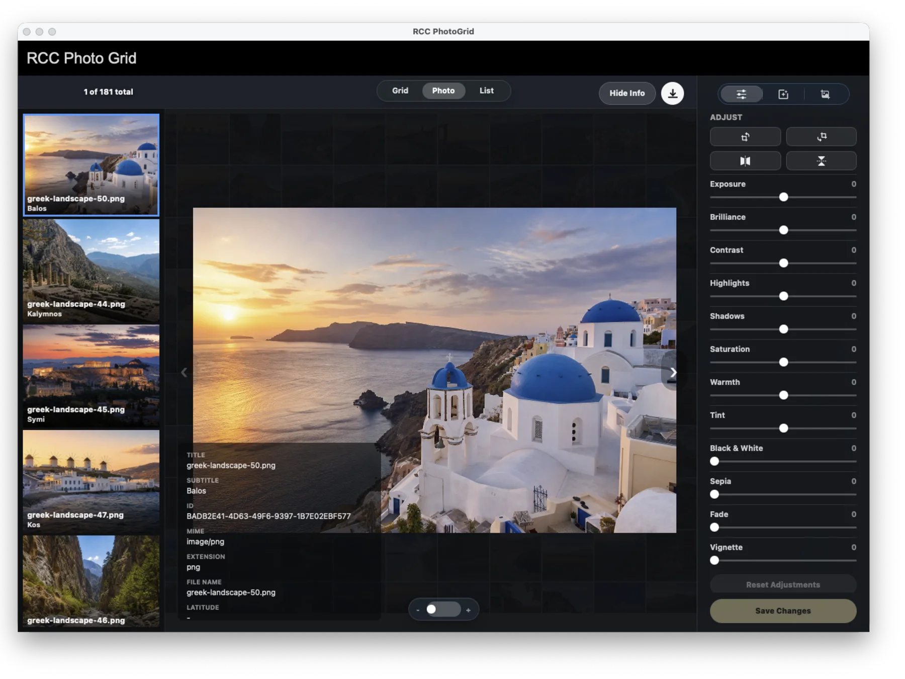 RCCPhotoGrid Mac photo editor with adjustment controls and Save Changes.