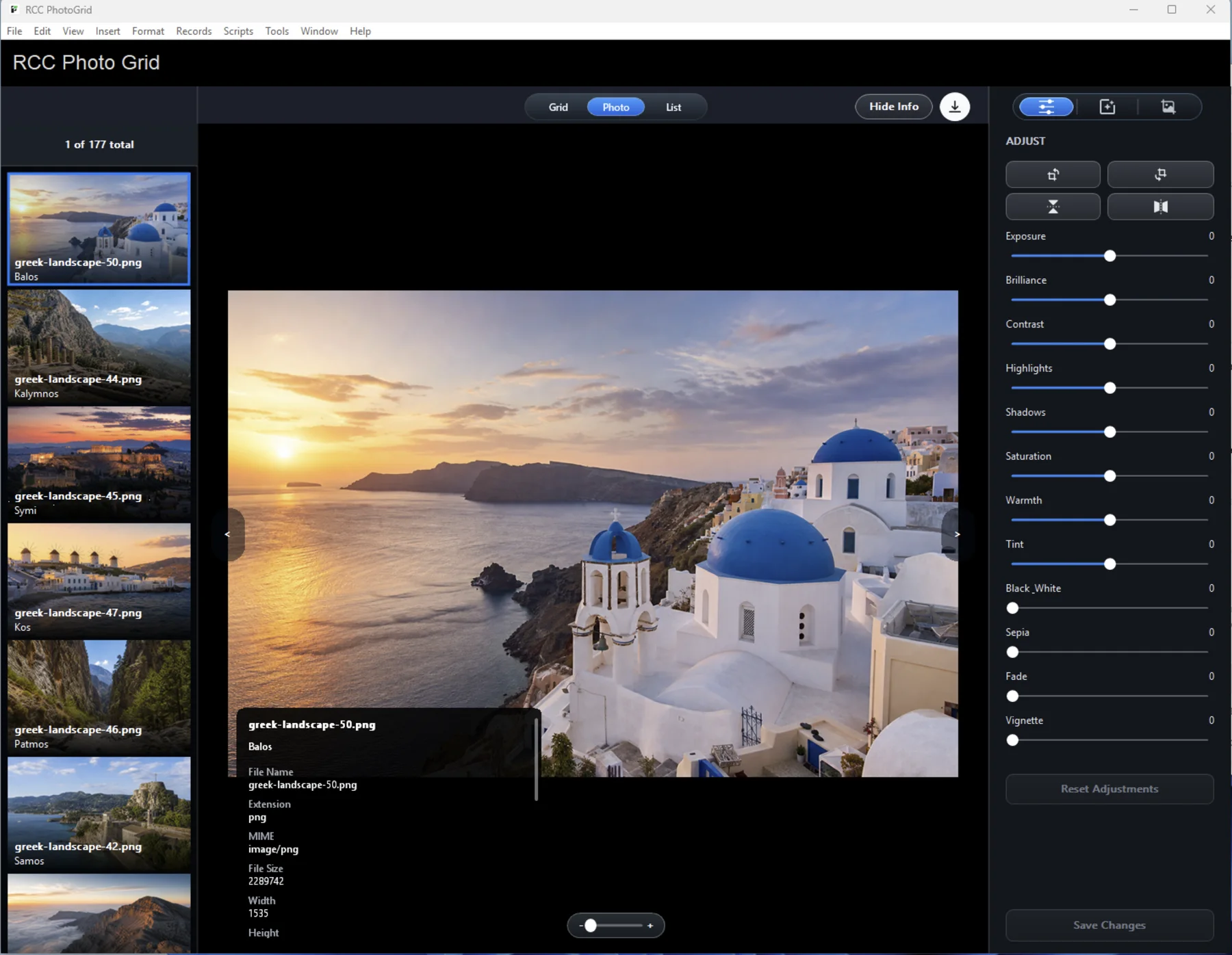 RCCPhotoGrid Windows photo editor with side thumbnails and adjustment sliders.